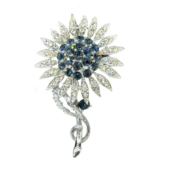 Vintage Signed Lisner Sapphire Blue & Clear Rhinestones Flower Brooch - Picture 3 of 8